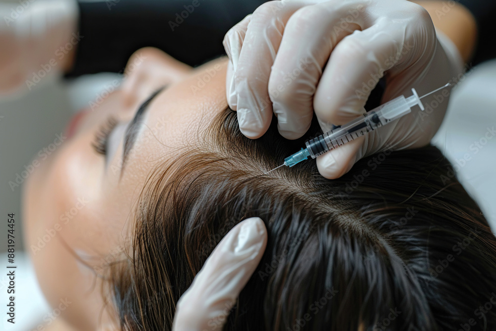Fototapeta premium Doctor's hands in protective medical gloves make an injection for hair growth and beauty. Cosmetology clinic. Medical concept. Head rejuvenation.