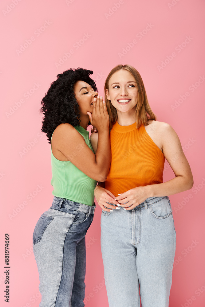 Two diverse women in cozy attire stand side by side, mouths agape in surprise. Two diverse women in cozy attire stand side by side, mouths agape in surprise.