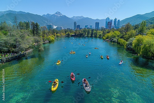 Aerial view of colorful kayaks and paddleboards on a lake in a city with a mountainous backdrop photo