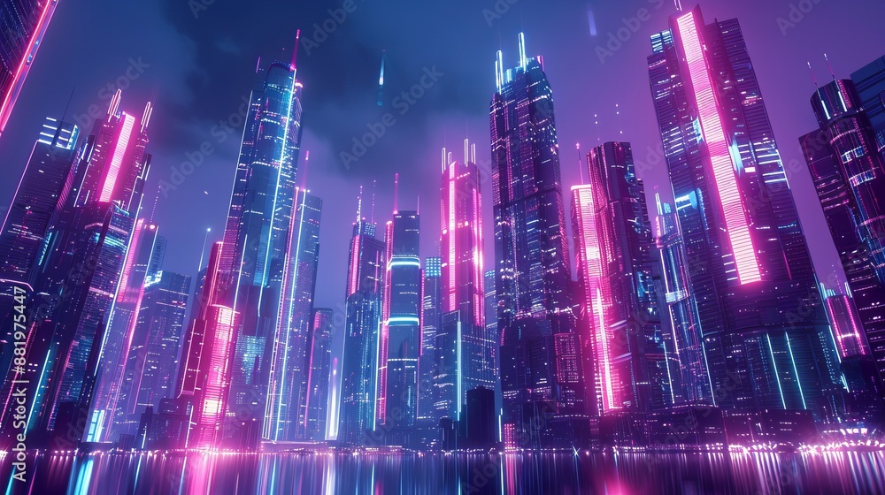 Obraz premium Neon lights illuminate towering skyscrapers in a futuristic city at night, creating a vibrant and industrial landscape.