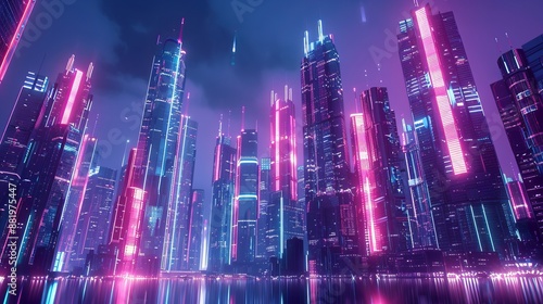 Neon lights illuminate towering skyscrapers in a futuristic city at night, creating a vibrant and industrial landscape.