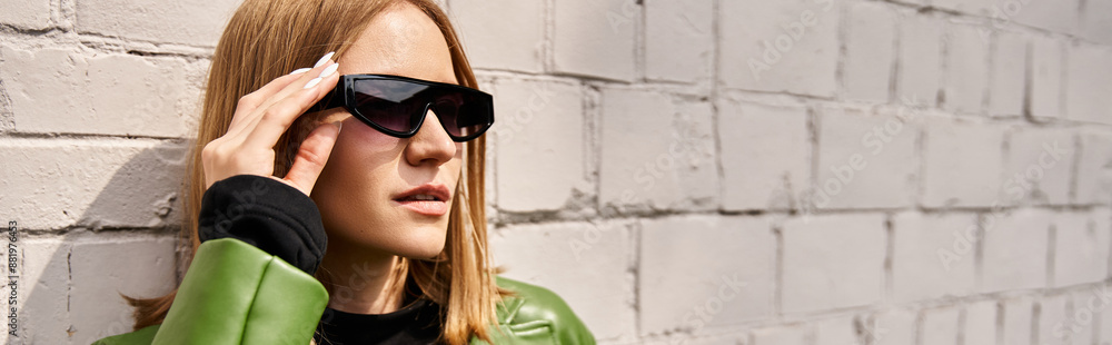 A stylish woman in casual attire leaning against a brick wall while wearing sunglasses. A stylish woman in casual attire leaning against a brick wall while wearing sunglasses.