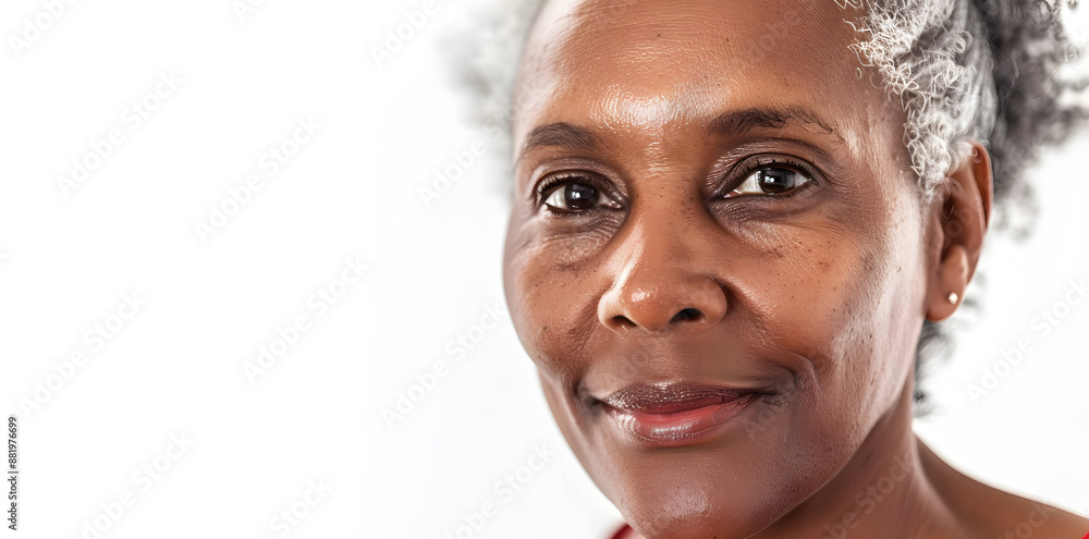 Closeup photo portrait of a happy beautiful elderly mature dark skin woman smiling isolated on white background Closeup photo portrait of a happy beautiful elderly mature dark skin woman smiling isolated on white background