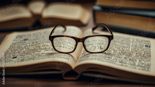 reading eyeglasses lying on open book page in university library or school.