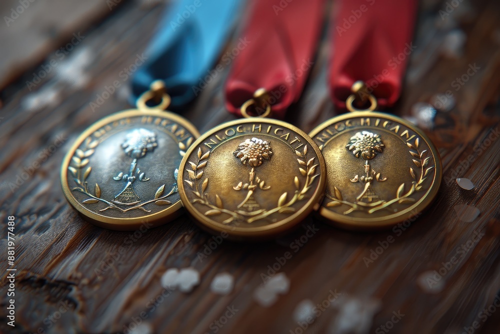 Three medals of different colors and materials arranged in a row on a wooden surface Three medals of different colors and materials arranged in a row on a wooden surface