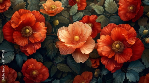 Red and Peach Flowers with Lush Green Leaves