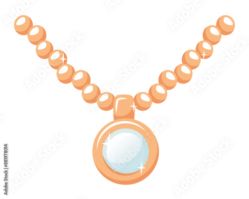 Precious pendant with pearl. Golden chain and sparkling accessories from pearly gemstone. Jewellery icon. Vintage Luxury ornament. Vector illustration