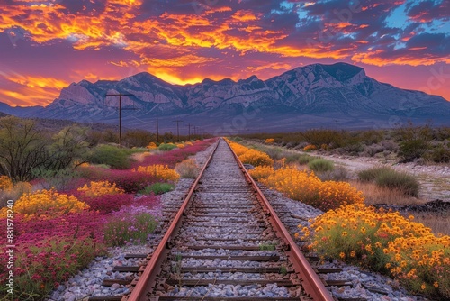 Sunset over the railroad tracks in the desert photo