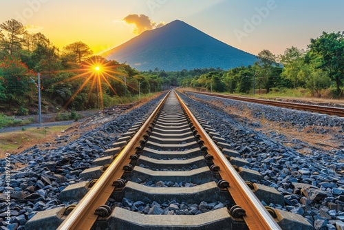 Railroad tracks vanishing into the distance with a majestic mountain backdrop photo