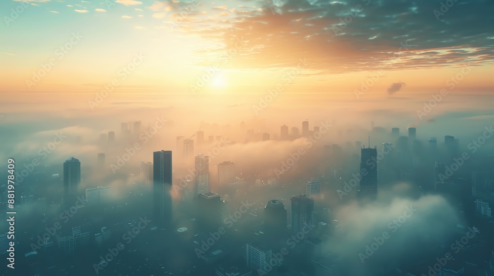 Raise awareness about air quality with a scene showing clean air over a city Raise awareness about air quality with a scene showing clean air over a city