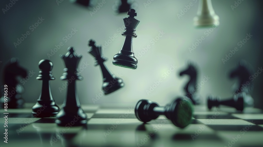 King chess pieces on falling chess concept of leadership or winning to challenge or battle, team player battle, business and strategy and risk. King chess pieces on falling chess concept of leadership or winning to challenge or battle, team player battle, business and strategy and risk.