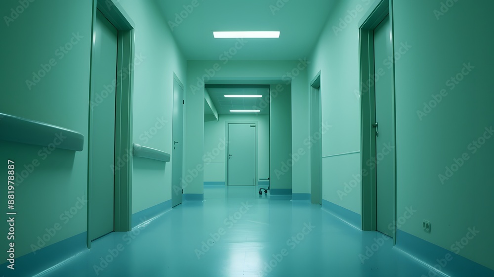 Obraz premium Empty white room seen through green doorway in modern hospital. 