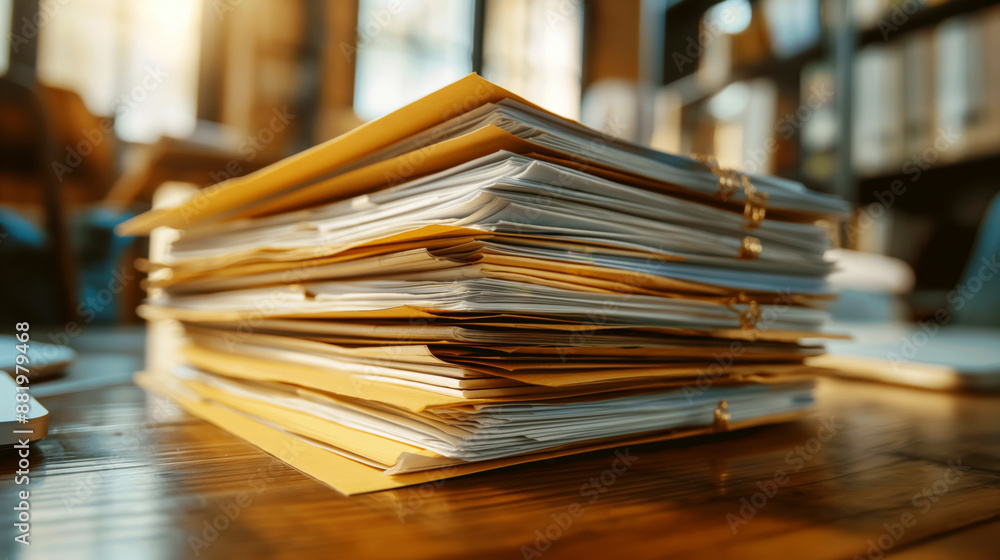 Stack of folders piled with documents on a wooden desk in a library setting. Stack of folders piled with documents on a wooden desk in a library setting.