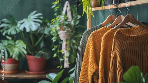Encourage sustainable fashion with eco-friendly clothing in a stylish setting