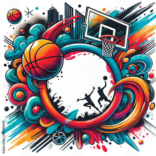 Modern colorful abstract graffiti 3d basketball theme round frame with a hoop, basketballs and dynamic swirls of bright colors. Isolated multicolor sports vector frame pattern on white background.