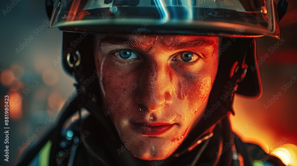 Firefighter with intense gaze and helmet in a fire scene Firefighter with intense gaze and helmet in a fire scene