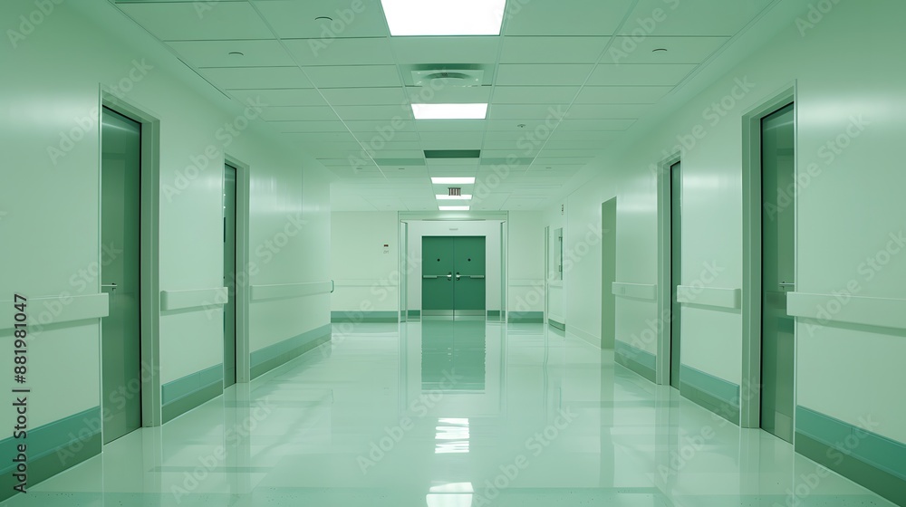 Empty white room seen through green doorway in modern hospital. Empty white room seen through green doorway in modern hospital.