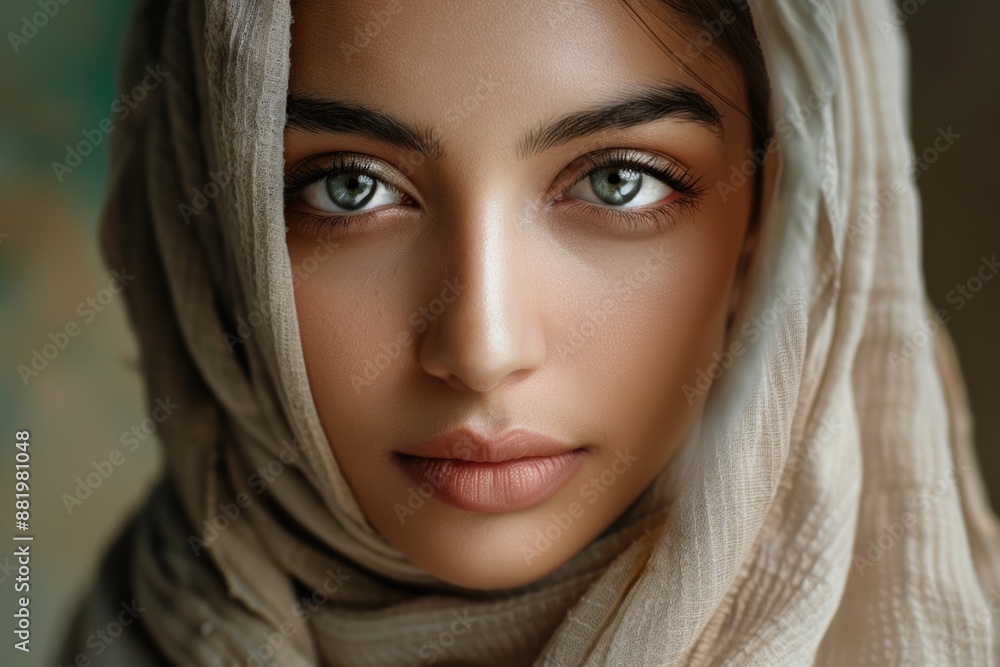 A close-up shot of a woman with a scarf wrapped around her neck or head, possibly for warmth or fashion A close-up shot of a woman with a scarf wrapped around her neck or head, possibly for warmth or fashion