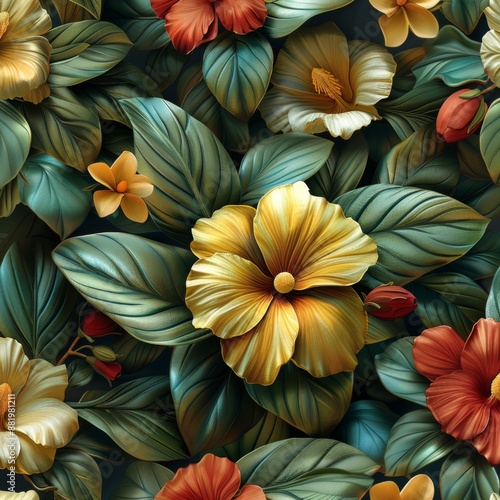 Wallpaper Mural Floral Tapestry: A Lush Garden of Yellow, Orange, and Green Torontodigital.ca