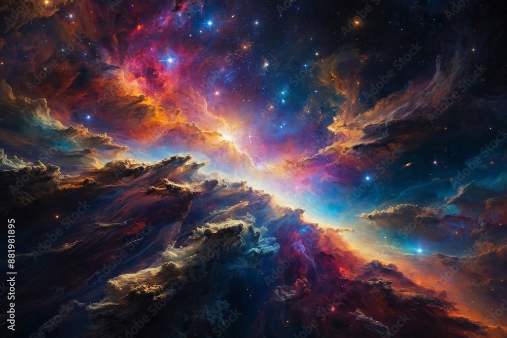 Cosmic landscape with swirling nebulae in vibrant red orange blue and yellow illuminated by twinkling stars Cosmic landscape with swirling nebulae in vibrant red orange blue and yellow illuminated by twinkling stars