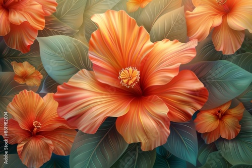 Wallpaper Mural Orange Hibiscus Flowers and Lush Green Leaves Torontodigital.ca