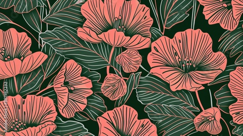 Hand-Drawn Green Floral Art Background in Coral and Pink Line Style – Elegant Botanical Wallpaper for Interior Decor, Banners, Prints, Textiles, and Packaging