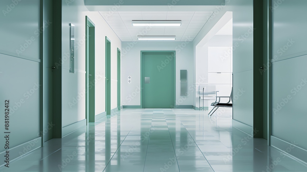 Empty white room seen through green doorway in modern hospital. Empty white room seen through green doorway in modern hospital.