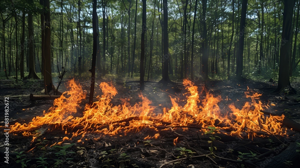 A dramatic nocturnal scene of a raging forest fire with towering flames consuming trees, emitting a glow that lights up the smoke-filled sky. A dramatic nocturnal scene of a raging forest fire with towering flames consuming trees, emitting a glow that lights up the smoke-filled sky.