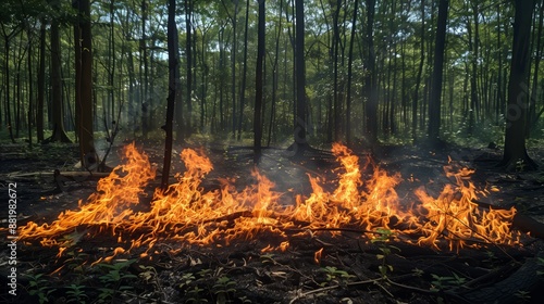 A dramatic nocturnal scene of a raging forest fire with towering flames consuming trees, emitting a glow that lights up the smoke-filled sky.