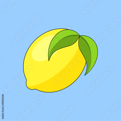 Ripe yellow lemon with green leaves isolated on a blue background.