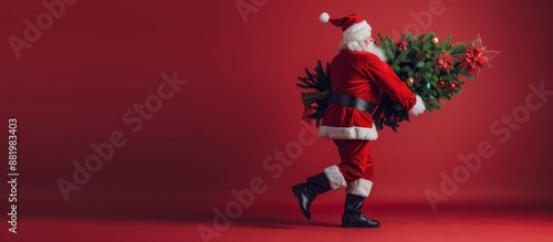 Santa Claus Carrying Christmas Tree Against Red Background