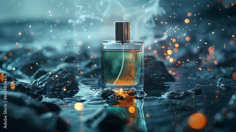 Product photography scene with a bottle of Green perfume placed on a dark grey rocky water surface  