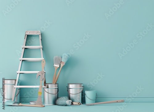 Paint Brushes, Ladder, and Cans Arranged Against a Teal Wall