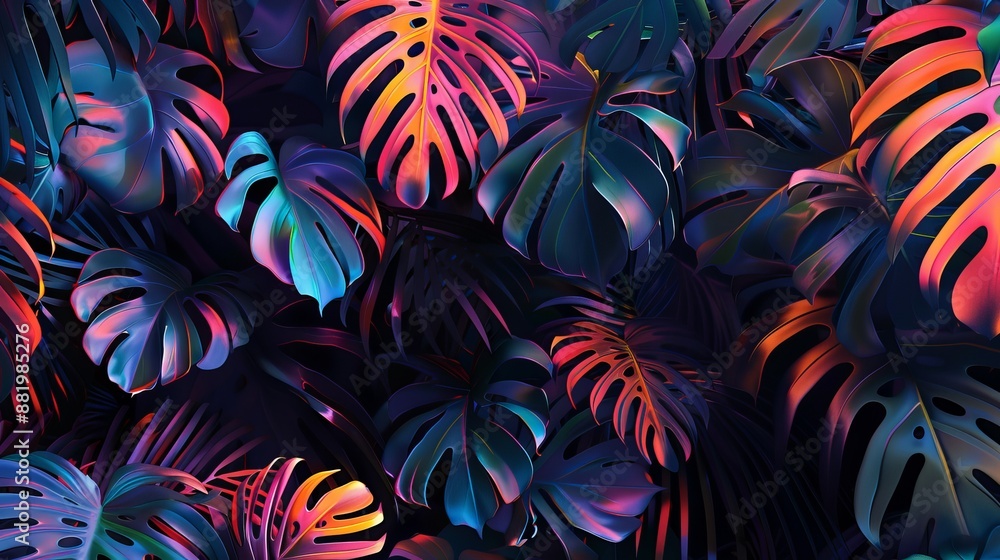 Vibrant Tropical Foliage in Dark Background - Colorful Lush Leaves Vibrant Tropical Foliage in Dark Background - Colorful Lush Leaves