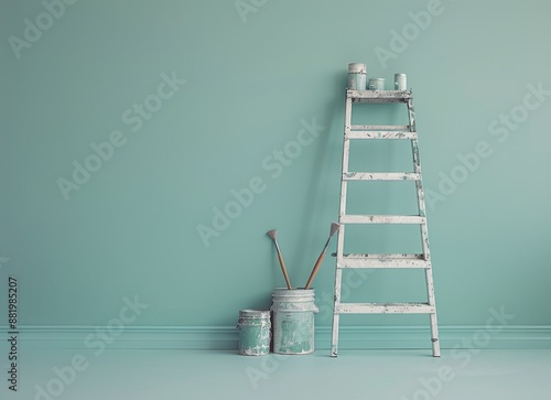 White Ladder and Paint Cans Against a Light Blue Wall