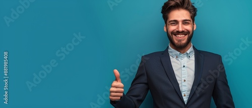 Smiling Businessman Giving Thumbs Up in Front of Blue Background