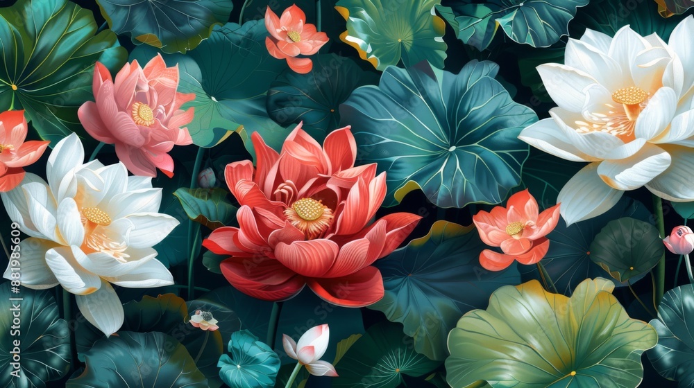 Lotus Flowers in a Lush Green Garden Lotus Flowers in a Lush Green Garden