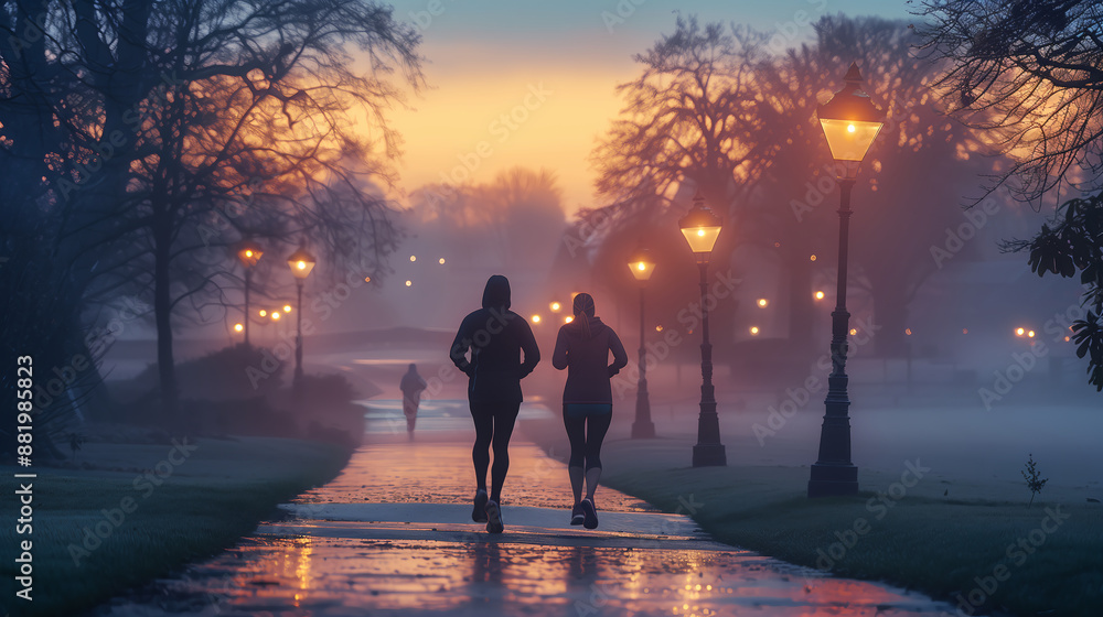 Healthy lifestyle, couple morning exercises, morning jogging, sports in the park, exercising in the morning Healthy lifestyle, couple morning exercises, morning jogging, sports in the park, exercising in the morning