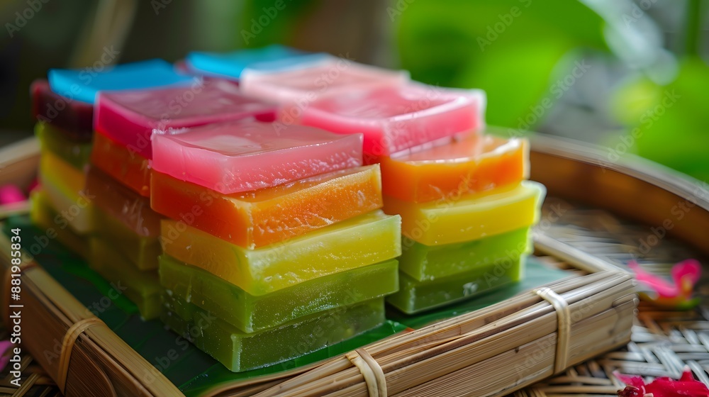 Colorful gelatinous candies stacked on a bamboo tray, with green leaves and pink petals in the background. Colorful gelatinous candies stacked on a bamboo tray, with green leaves and pink petals in the background.