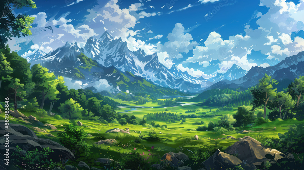 Fototapeta premium Stunning Mountain Landscape With Lush Green Forests and Clear Blue Sky