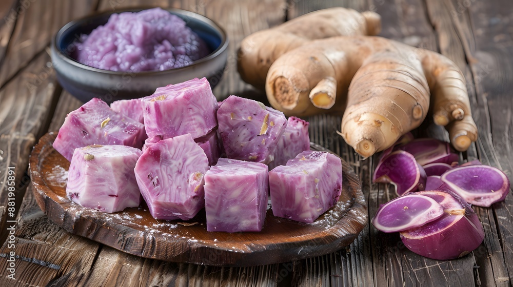 Purple yam, ginger root, and mashed purple yam on rustic wooden background. Purple yam, ginger root, and mashed purple yam on rustic wooden background.