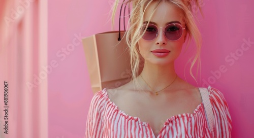 Woman With Blonde Hair Wearing Pink Sunglasses Against Pink Background
