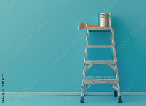 Silver Ladder and Blue Paint Cans Against a Light Blue Wall
