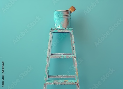 Silver Ladder and Blue Paint Cans Against a Light Blue Wall