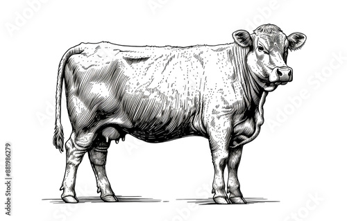 Cow, bull. Vintage retro print, black white cow sketch ink pencil style drawing, engrave old school. Sketch artwork silhouette bull cow, white background. Side view profile. Illustration