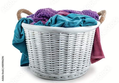 White Laundry Basket Filled With Colorful Clothing on Blue Background
