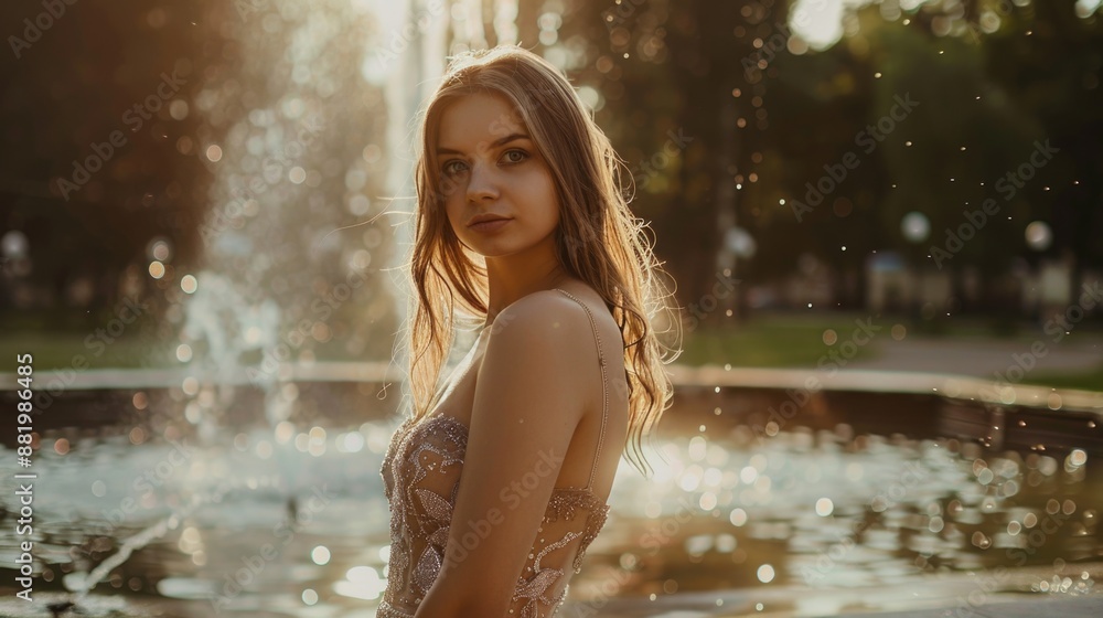 Obraz premium Young Woman by Fountain