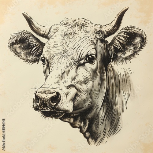 Cow, bull. Vintage retro print, black white cow sketch ink pencil style drawing, engrave old school. Sketch artwork silhouette bull cow, white background. Side view profile. Illustration photo