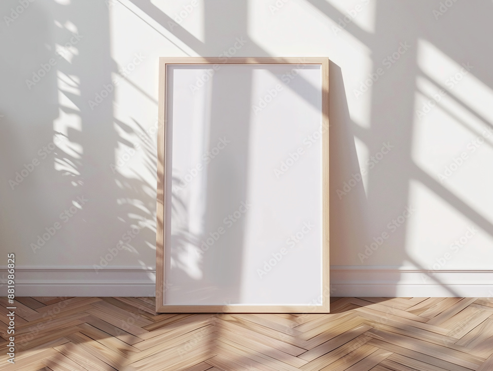 Wooden vertical A4 frame standing on the floor near the white wall. Trendy frame mockup for poster, prints with shadows. Wooden vertical A4 frame standing on the floor near the white wall. Trendy frame mockup for poster, prints with shadows.