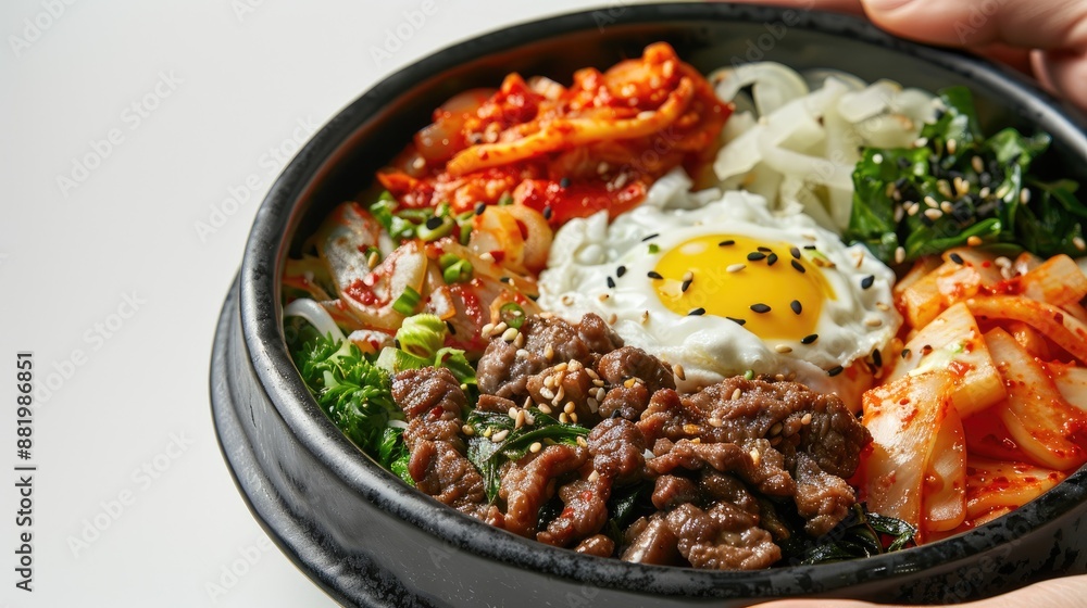 Bibimbap with accompaniments in a black bowl with hand, clean white background, korean food. Bibimbap with accompaniments in a black bowl with hand, clean white background, korean food.